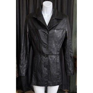 JLC Women’s Black Genuine Leather Coat Jacket Size M Button Front Lined